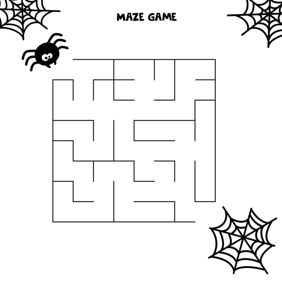 Halloween-Labyrinth-Spiel. Spinne und sein Netz. Arbeitsblatt für Kinder. Labyrinth für Kinder. vektor