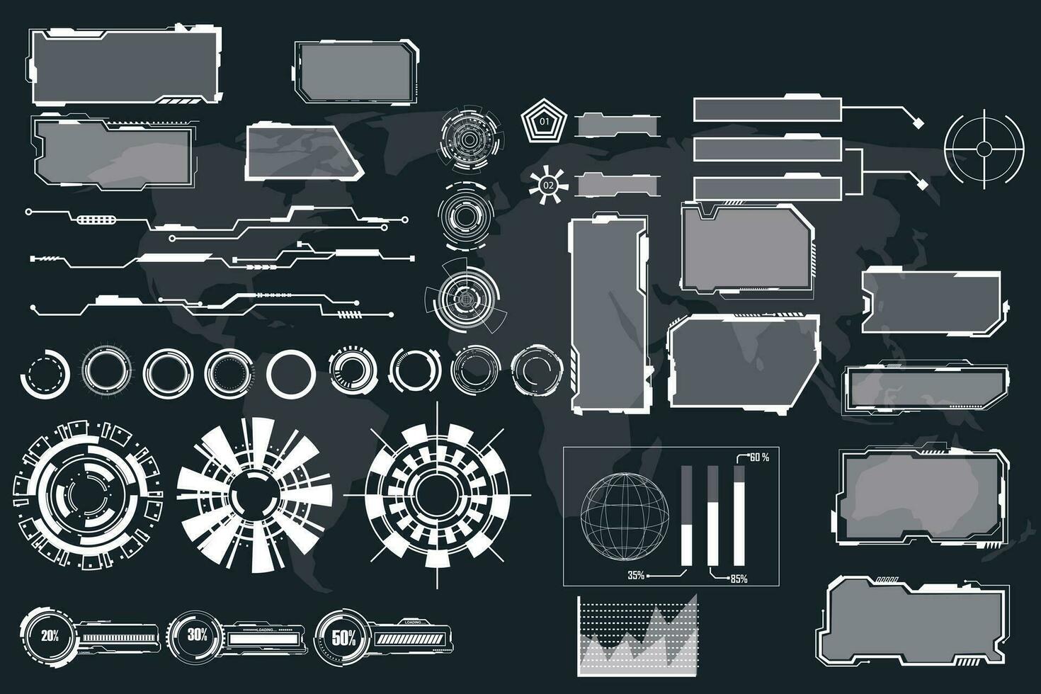 digital gränssnitt hud element uppsättning packa. användare gränssnitt, ram skärmar. länktexter titlar, fui cirkel uppsättning, läser in barer. instrumentbräda verklighet teknologi skärm. vektor