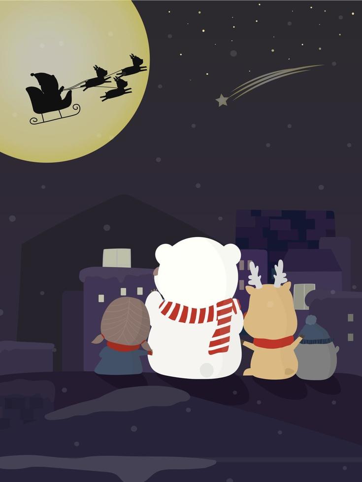 ein Bär, ein Pinguin und ein Rentier, die den Weihnachtsmann bei einer Schlittenfahrt in den Himmel betrachten. vektor