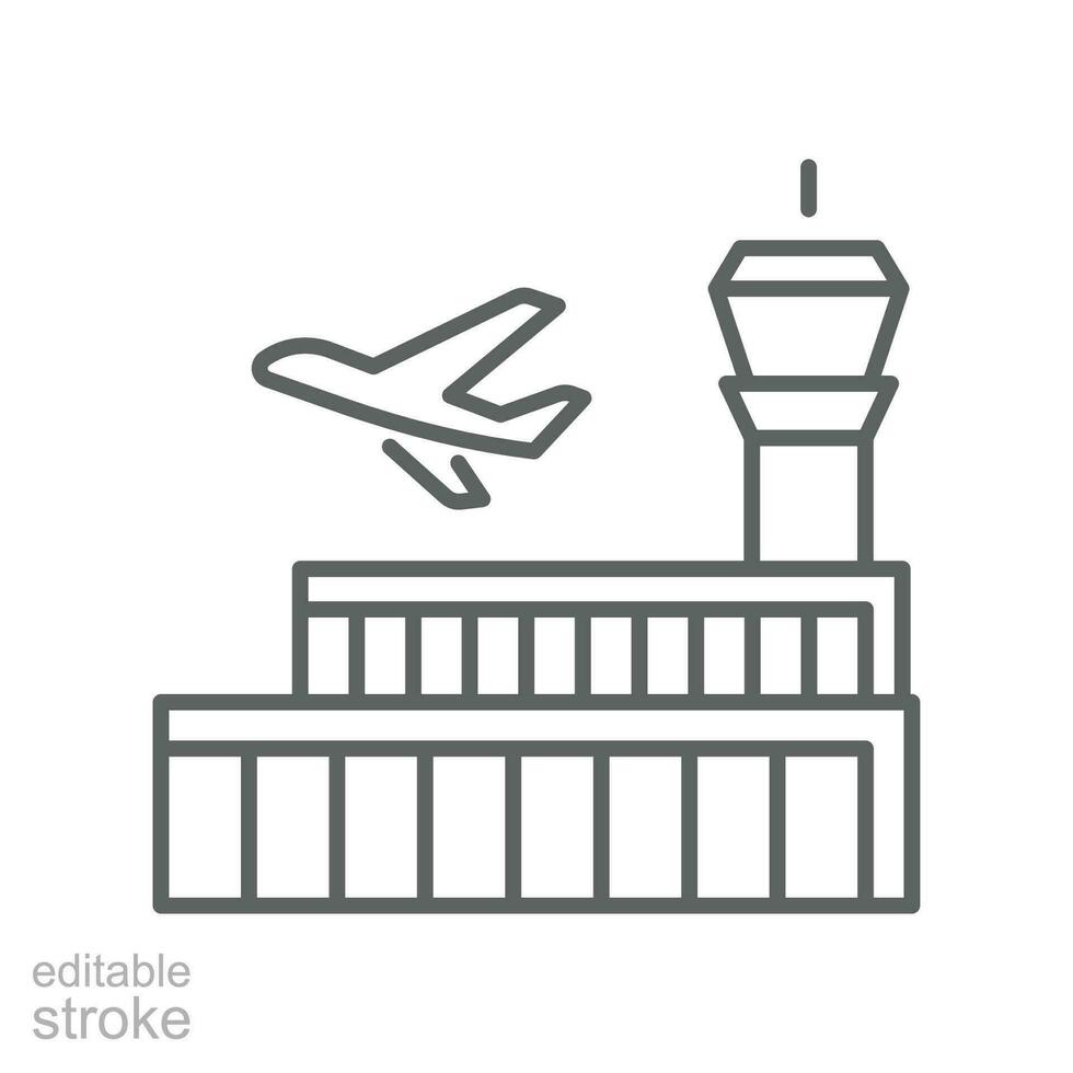 Flughafen Gebäude Linie Symbol Symbol. Flugzeuge auf Runway, Flugzeug Steuerung Turm Terminal Gebäude. Reise f Tourismus Planung editierbar Schlaganfall Vektor Illustration Design auf Weiß Hintergrund eps 10