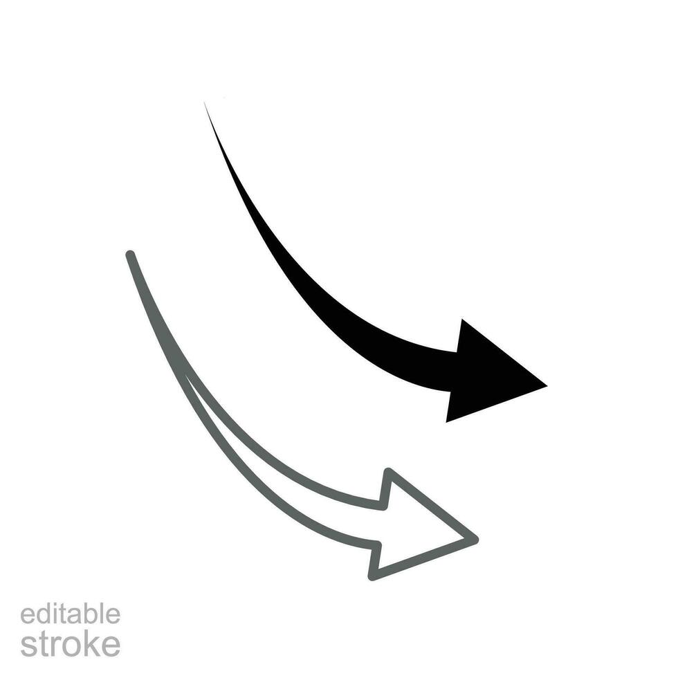 minskande pil tecken, syfte, pil, pilspetsar linje och glyf ikon. ner rätt riktning symbol för hemsida och Ansökan. redigerbar stroke. vektor illustration. design på vit bakgrund. eps 10
