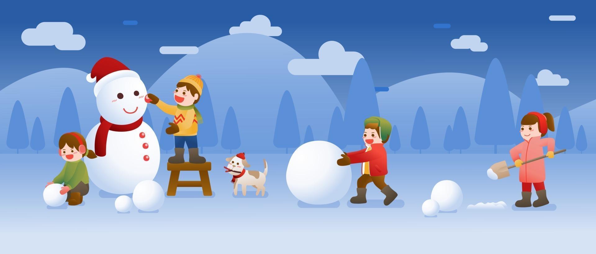 barn bygger en snögubbe och spelar snö, jul, vinter och nyårsfirande vektor