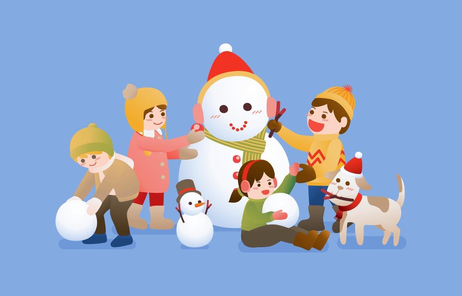 barn bygger en snögubbe och spelar snö, jul, vinter och nyårsfirande vektor