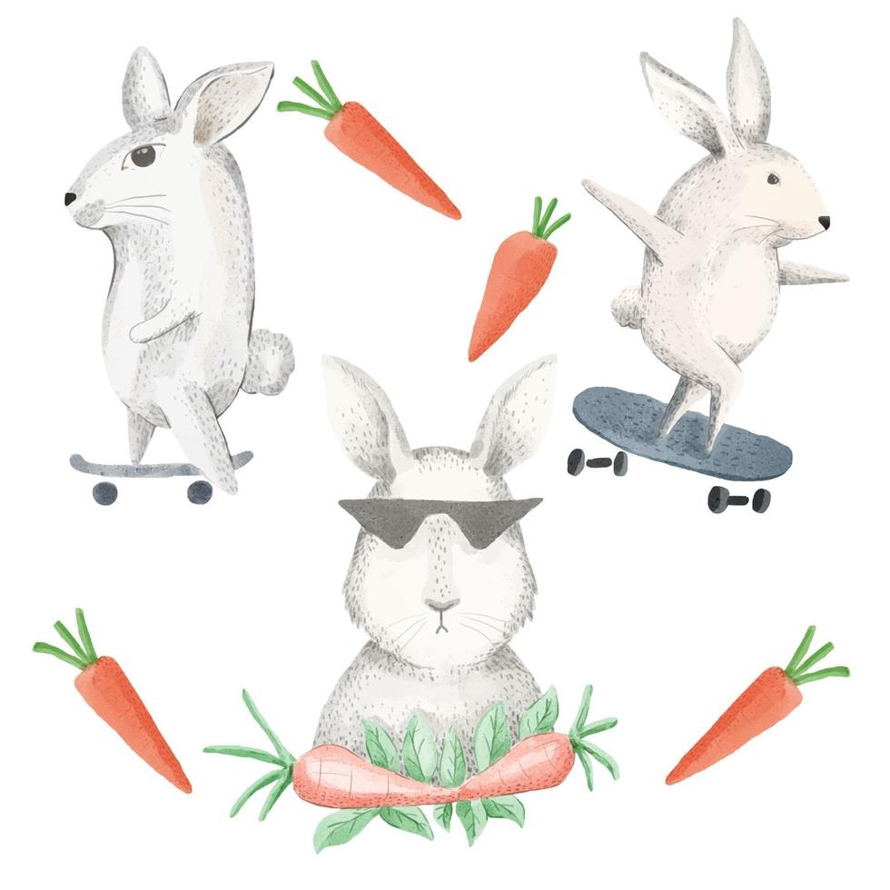 en akvarelluppsättning av kaniner åker på en skateboard och äter morötter. vektor
