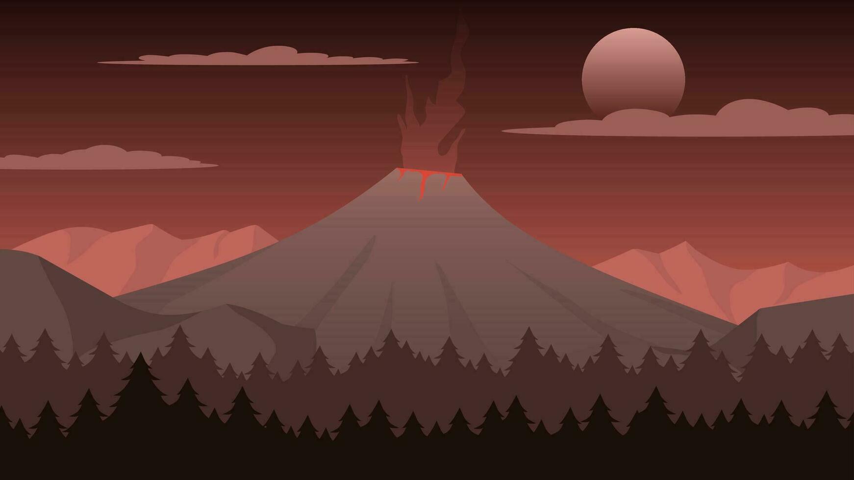 Vektor Illustration von Vulkan mit Rauch Eruption. Vulkan Landschaft im das Nacht. vulkanisch Landschaft zum Hintergrund, Hintergrund, oder Landung Buchseite. Landschaft Natur Illustration mit Gradient Stil