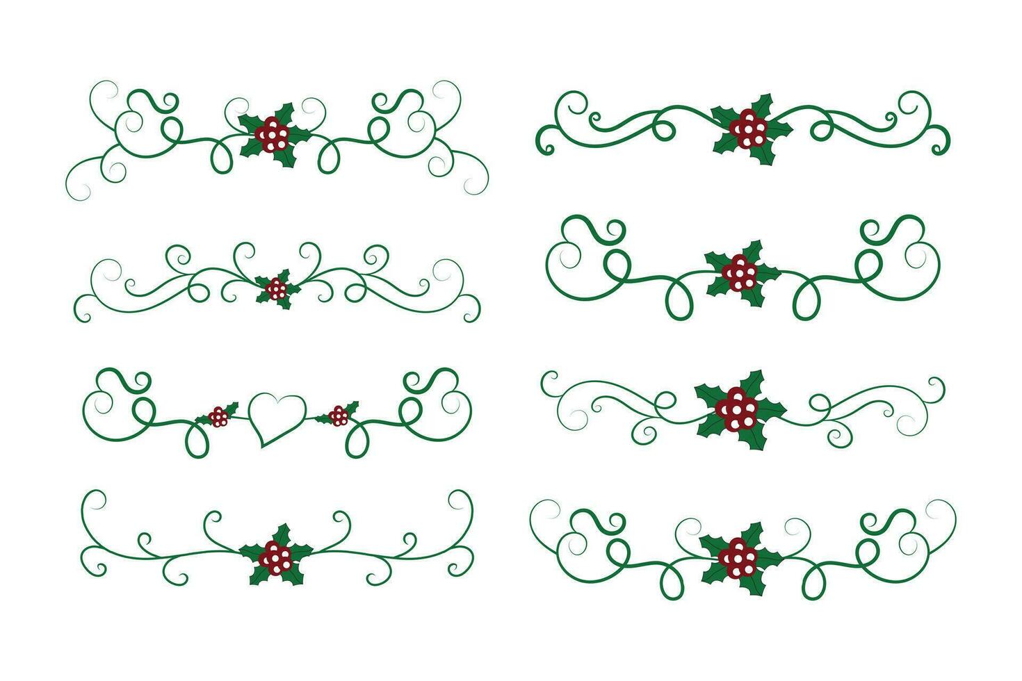 jul krusidullar virvlar avdelare rader dekorativ element, årgång kalligrafi skrolla glad jul blå och röd järnek ornament, vinter- järnek headers text gräns sida dekor grön utsmyckad vektor