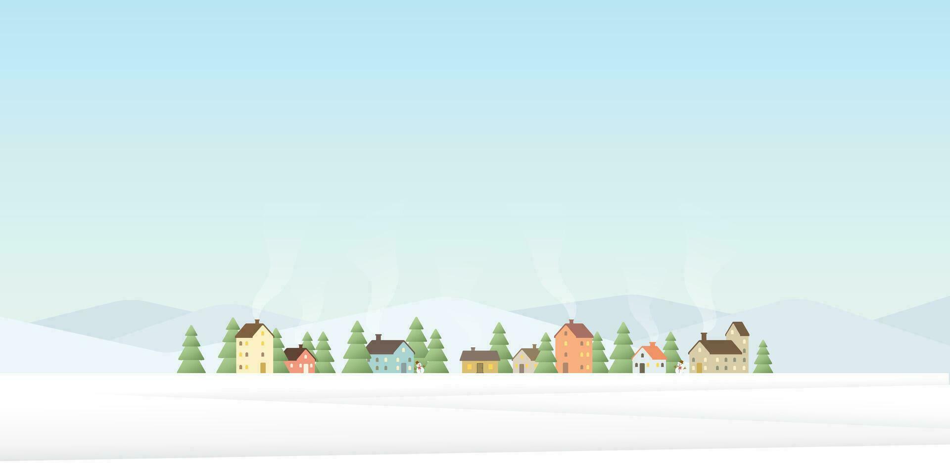 små stad i snöland platt design vektor illustration med tom Plats. glad jul och Lycklig ny år hälsning kort mall.