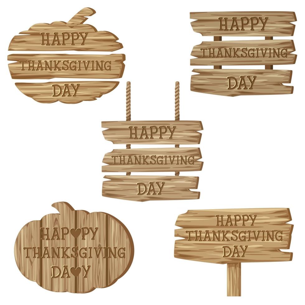 Text Happy Thanksgiving Day mit verschiedenen Holzschildern vektor