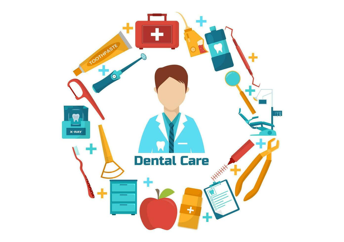 dental vård vektor illustration med tandläkare behandla mänsklig tänder och rengöring använder sig av medicinsk Utrustning i sjukvård platt tecknad serie bakgrund design