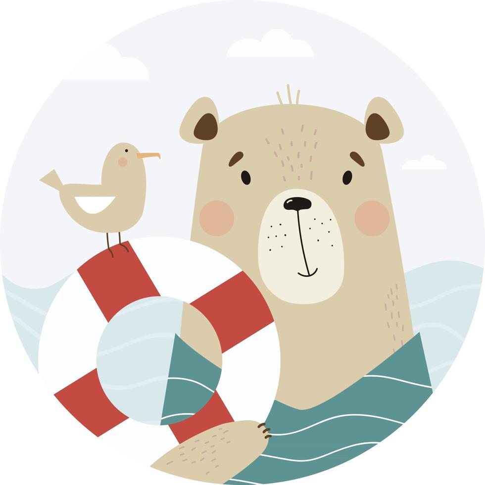 söt björn med en fiskmås och en livscirkel vid havet. porträtt i en rund medaljong. vektor illustration. barns affisch med söta djur
