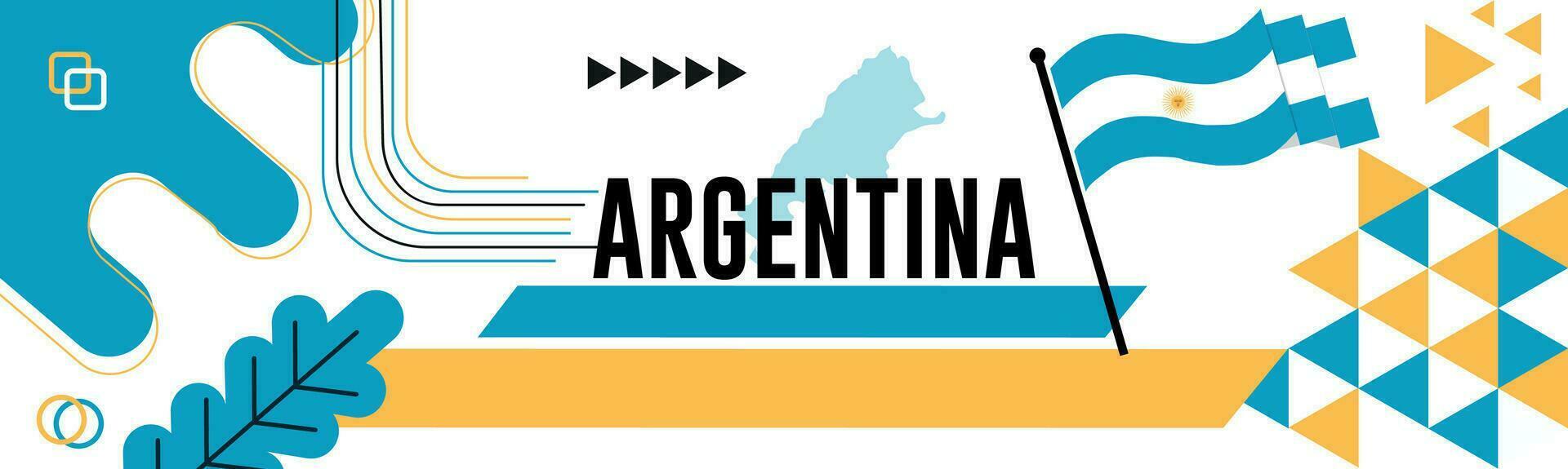 Argentinien National Tag Banner mit Karte, Flagge Farben Thema Hintergrund und geometrisch abstrakt retro modern bunt Design mit angehoben Hände oder Fäuste. vektor