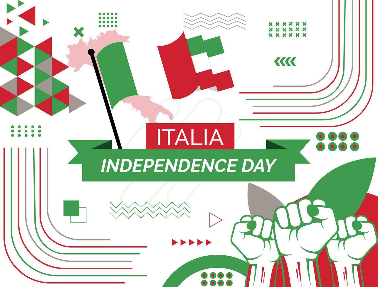 Italien National Tag Banner mit Karte, Flagge von vereinigt arabisch Emirate Farben Thema Hintergrund und geometrisch abstrakt retro modern bunt Design mit angehoben Hände oder Fäuste. vektor