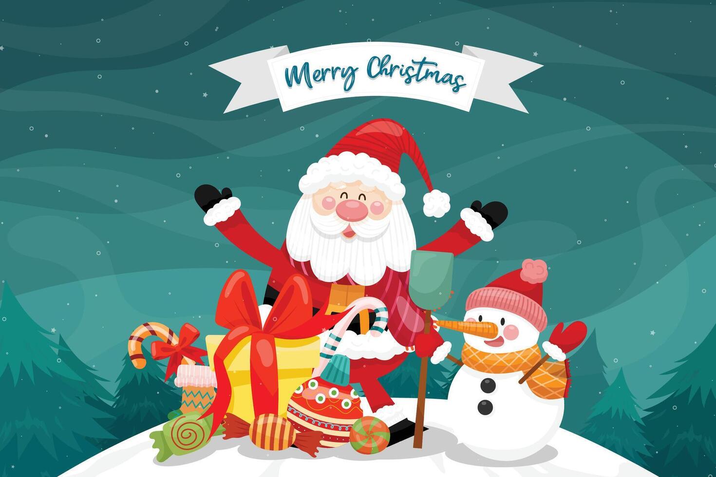 frohe weihnachtskarte mit weihnachtsmann, schneemann und geschenkbox. vektor