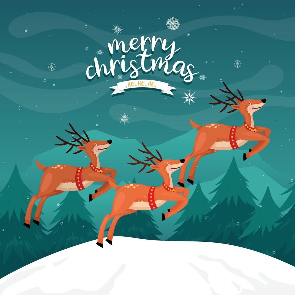 Frohe Weihnachtskarte mit Rentieren auf dem Berg mit Kiefer vektor