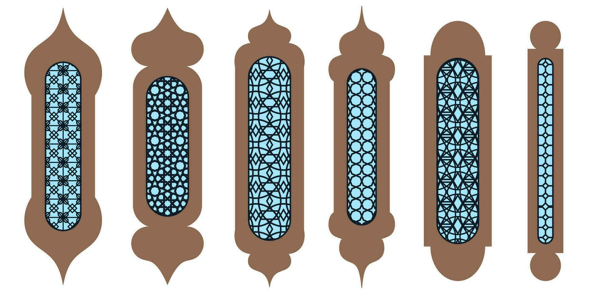 samling av arab orientalisk fönster. laser skära grill. modern design i svart fo ramar moské kupol och lyktor islamic ramadan kareem och eid mubarak stil. vektor illustration