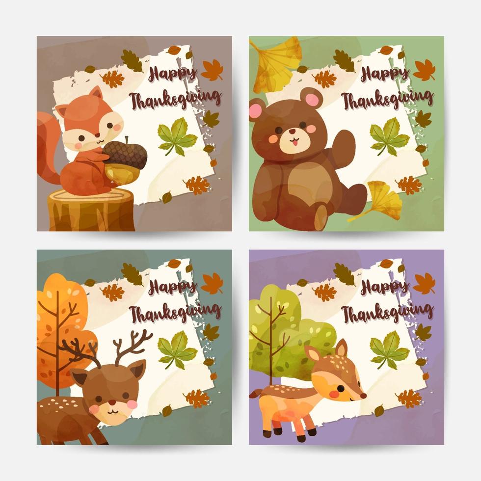 lyckligt tacksägelsedagskort med ekorre, björn, kanin och rådjur. vektor