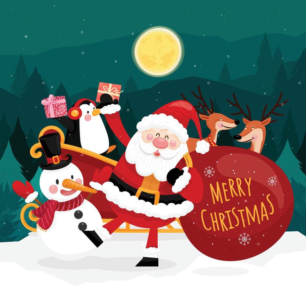 frohe weihnachtskarte mit weihnachtsmann, schneemann und geschenkbox. vektor