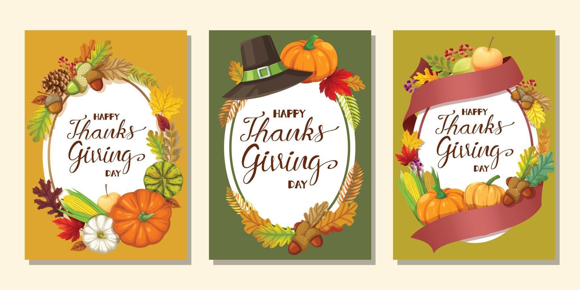 Happy Thanksgiving Day Card oder Flyer mit Kürbis, Mais, Walnüssen, Blättern und getrockneten Tannenzapfen vektor