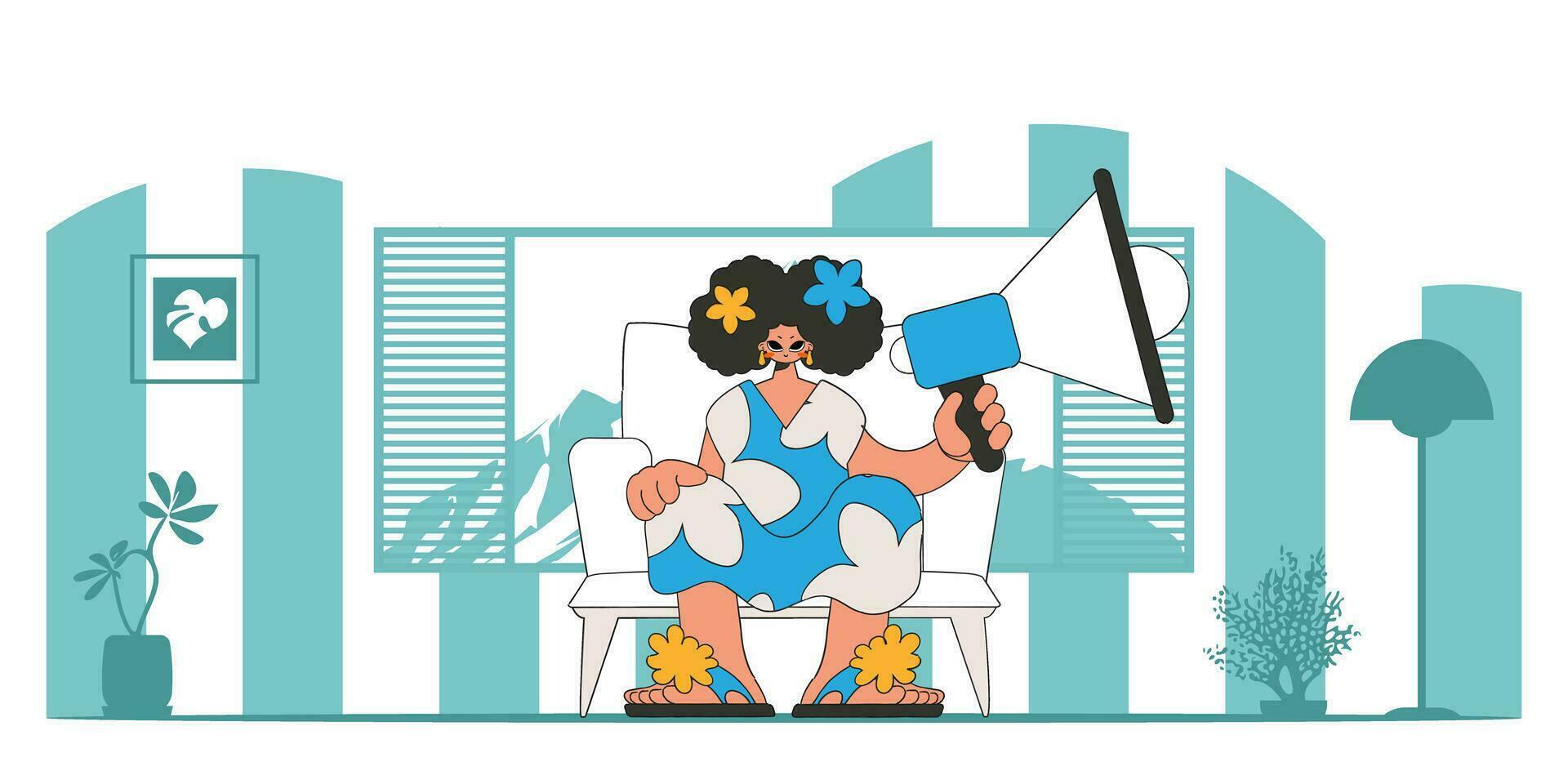 stiliserade vektor illustration av en hr representativ. en ung flicka sitter i en stol och innehar en megafon i hans hand.