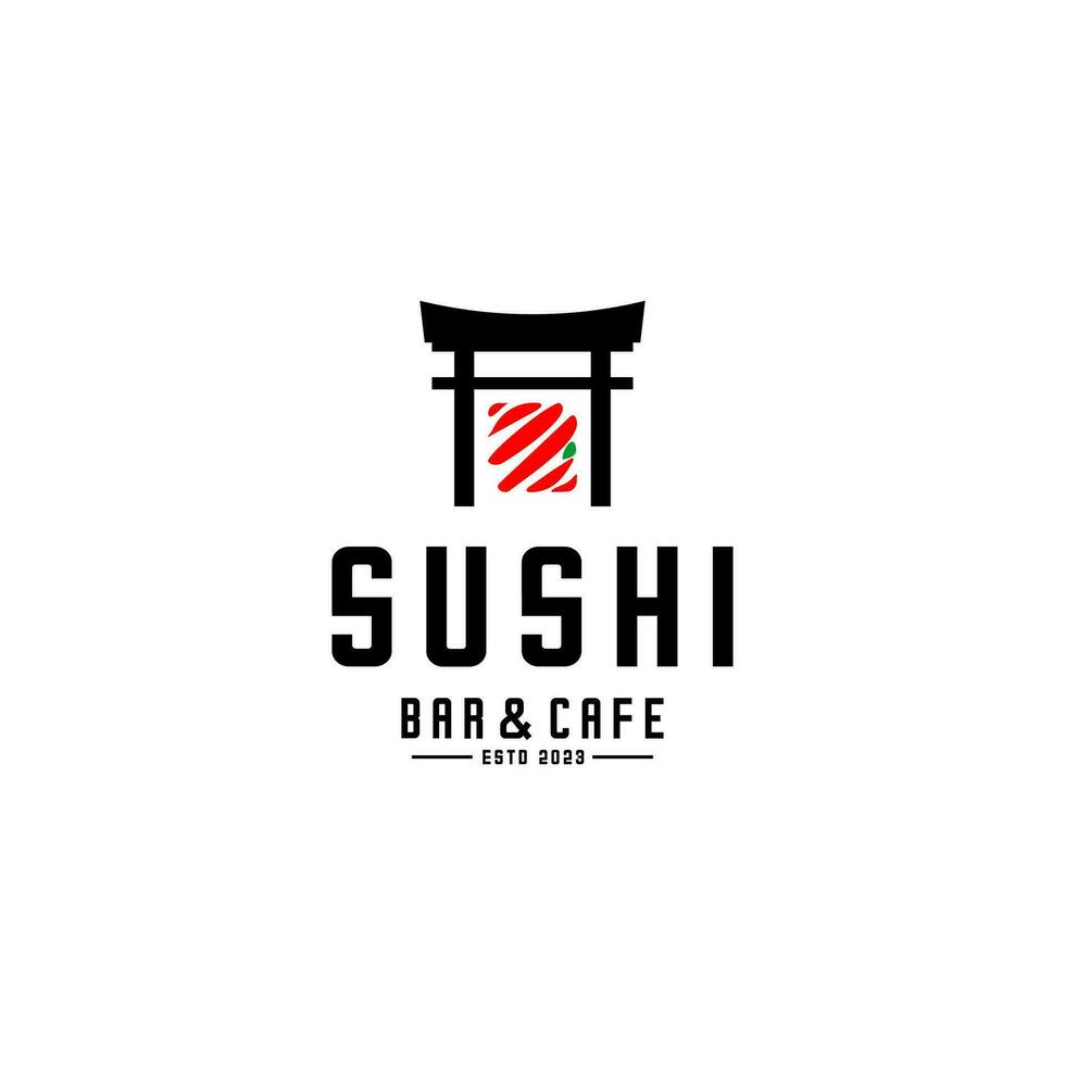 sushi logotyp design och traditionell byggnad vektor