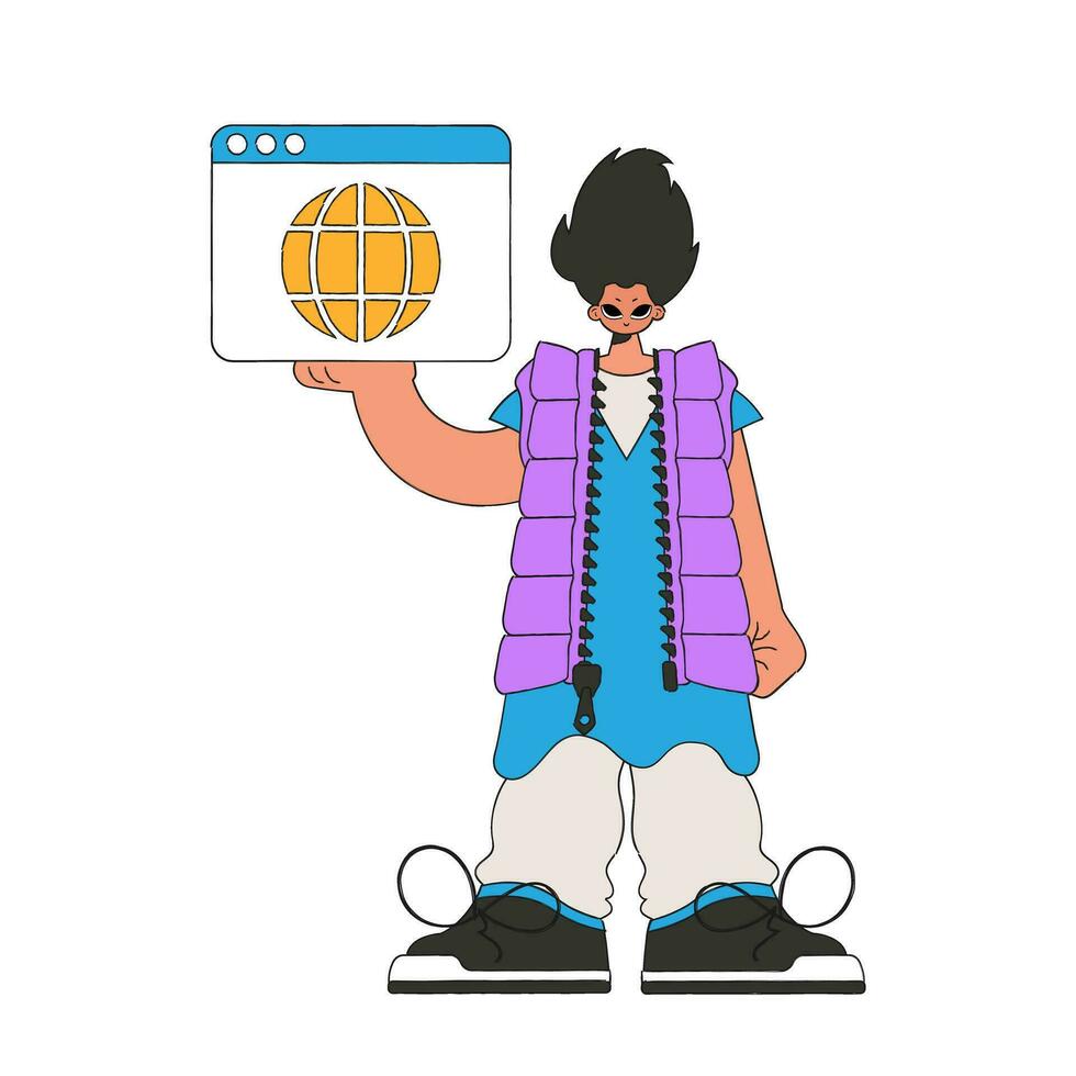 ein hell und stilvoll Illustration von ein Junge mit ein Netz Browser. hell Trend Charakter. vektor