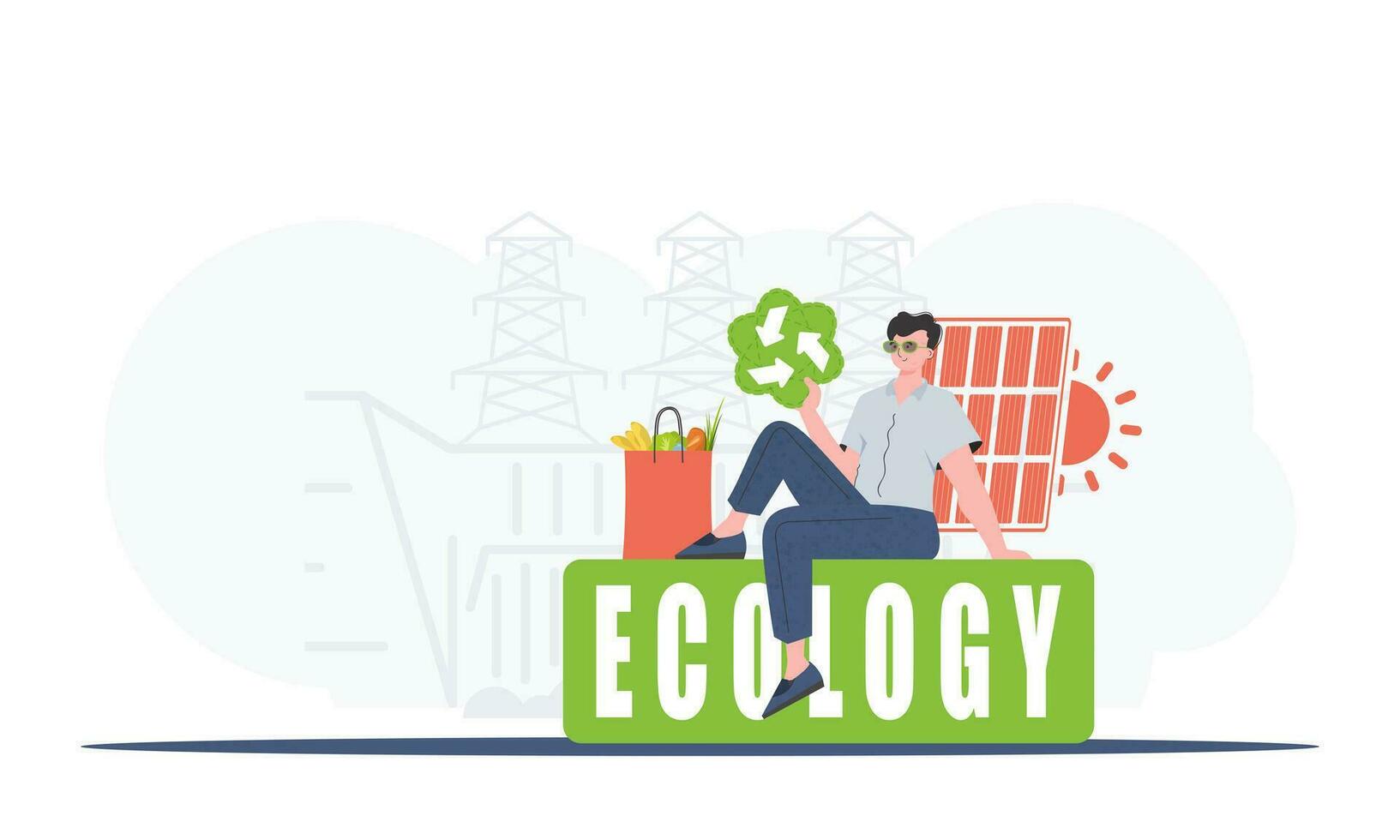 ein Mann sitzt Nächster zu ein Paket von richtig Essen und hält ein eko Symbol. Ökologie und Grün Planet Konzept. Trend Vektor Illustration.