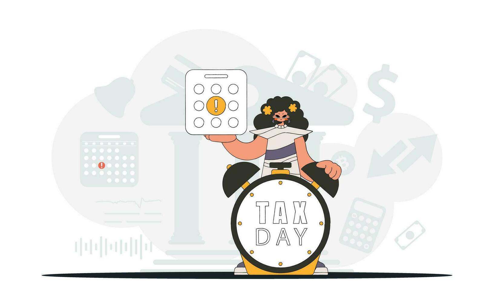 graciös kvinna med kalender och larm klocka. grafisk illustration på de tema av beskatta betalningar. vektor