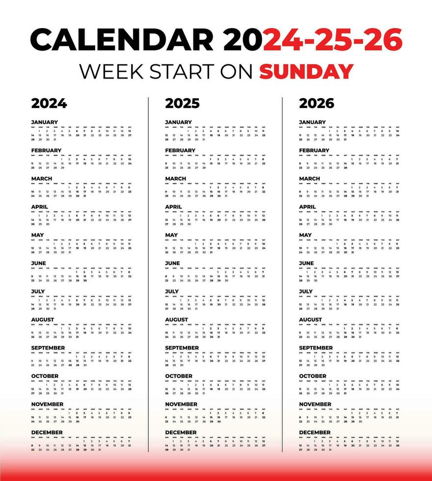 Vektor Kalender zum 2024, 2025, 2026 auf ein Weiß Hintergrund. Woche Start auf Sonntag