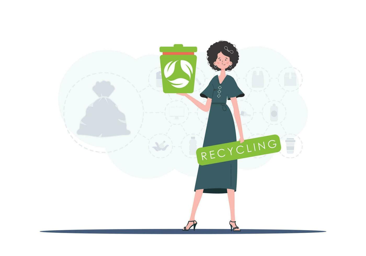 das Konzept von Ökologie und Recycling. das Mädchen ist halten ein Müll können im ihr Hände. Vektor Illustration eben modisch Stil.