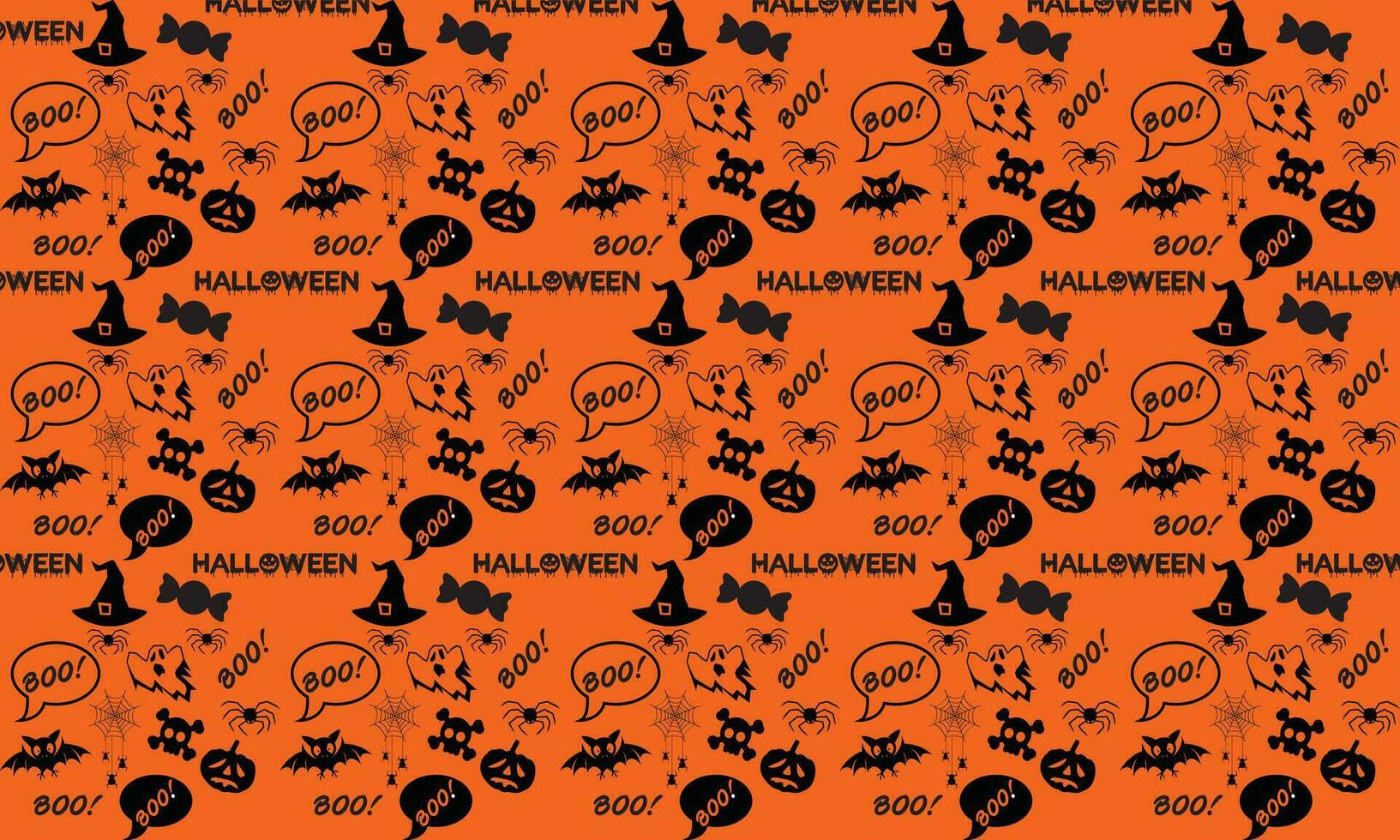 halloween festlig sömlös mönster. ändlös bakgrund med pumpor, skallar, fladdermöss, spindlar, spöken, ben, godis, Spindel webb och Tal bubbla med boo.halloween vektor sömlös mönster