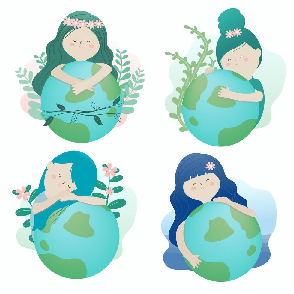 Bündel-Set Mädchen umarmen die Erde Umwelt Natur Vektor