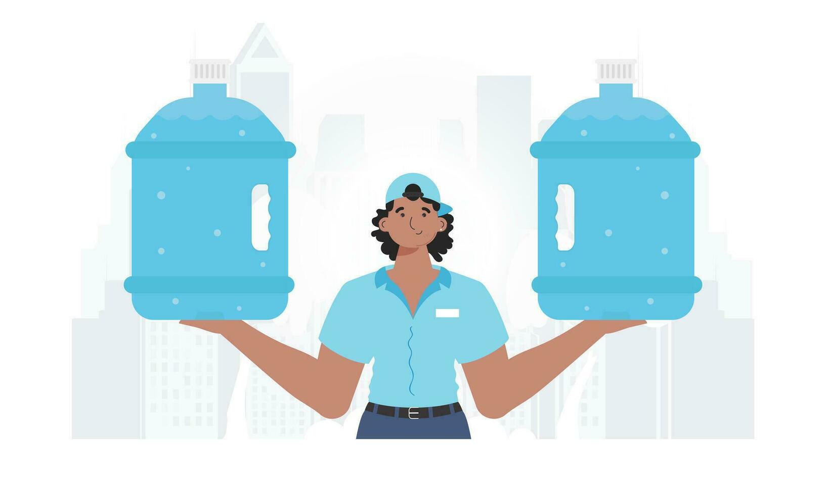 Wasser Lieferung Konzept. das Mann ist halten ein groß Wasser Flasche. das stilvoll Charakter ist abgebildet zu das Taille. Vektor Illustration.