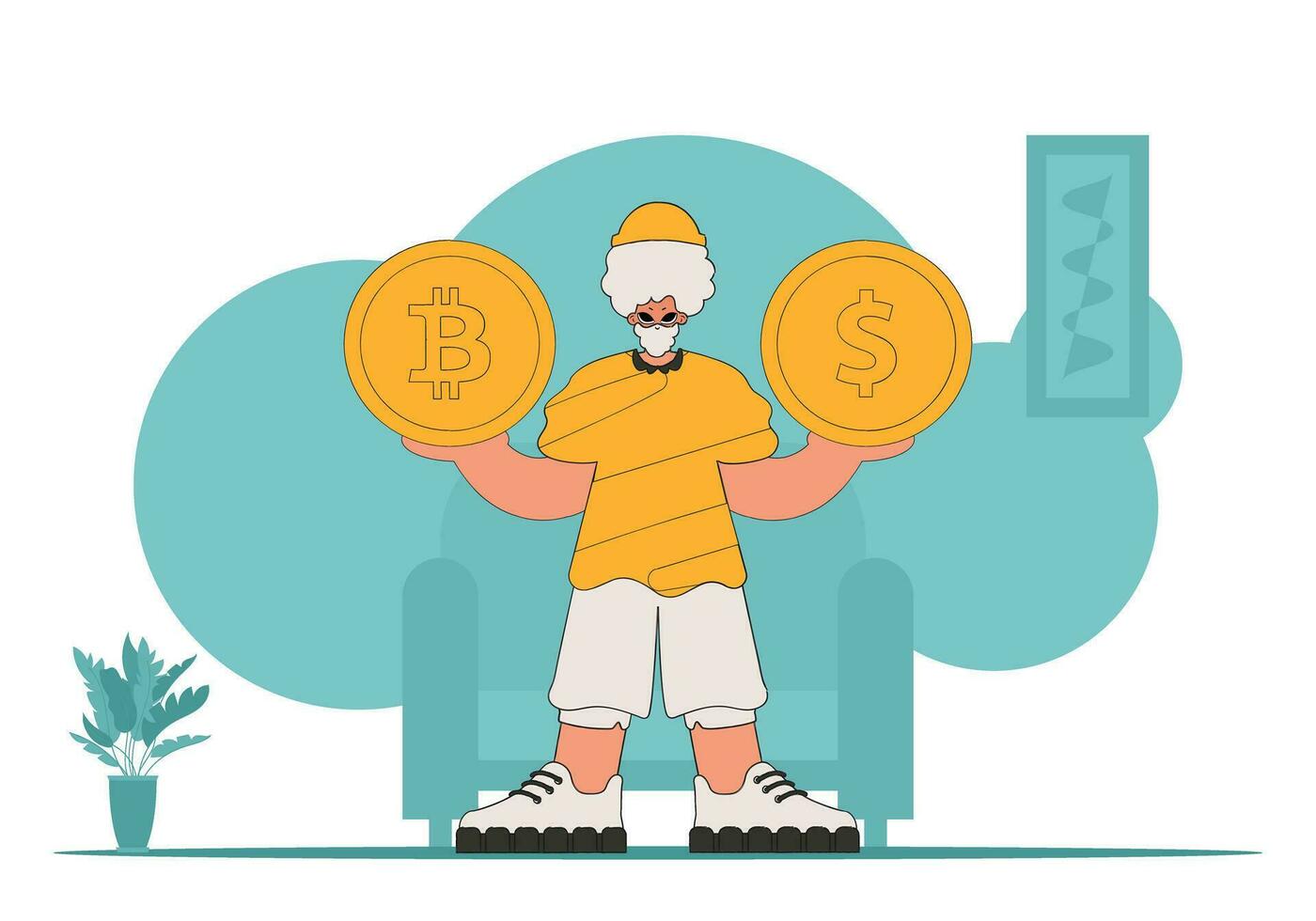 ein Mann ist halten ein Münze von Bitcoin und Dollar. Thema von Interaktion mit Digital Geld Vermögenswerte. vektor