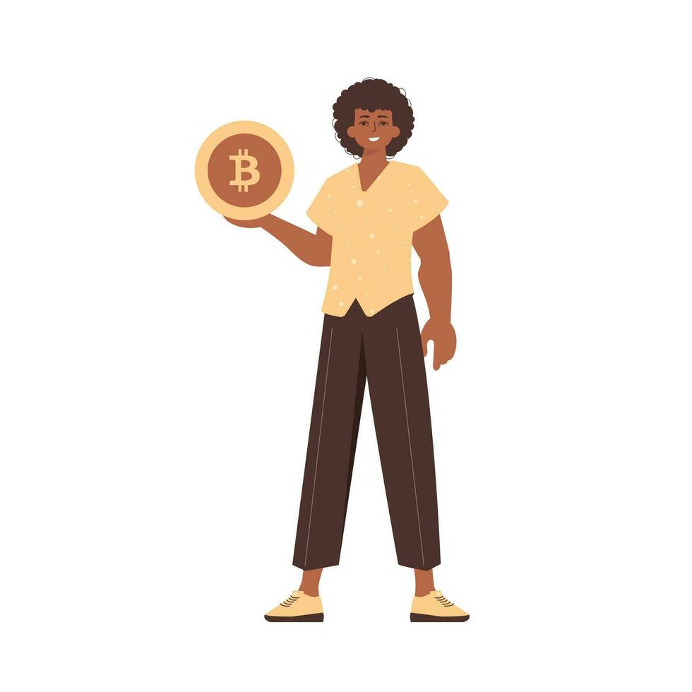 ein Mann hält ein Bitcoin im seine Hände. Charakter mit ein modern Stil. vektor