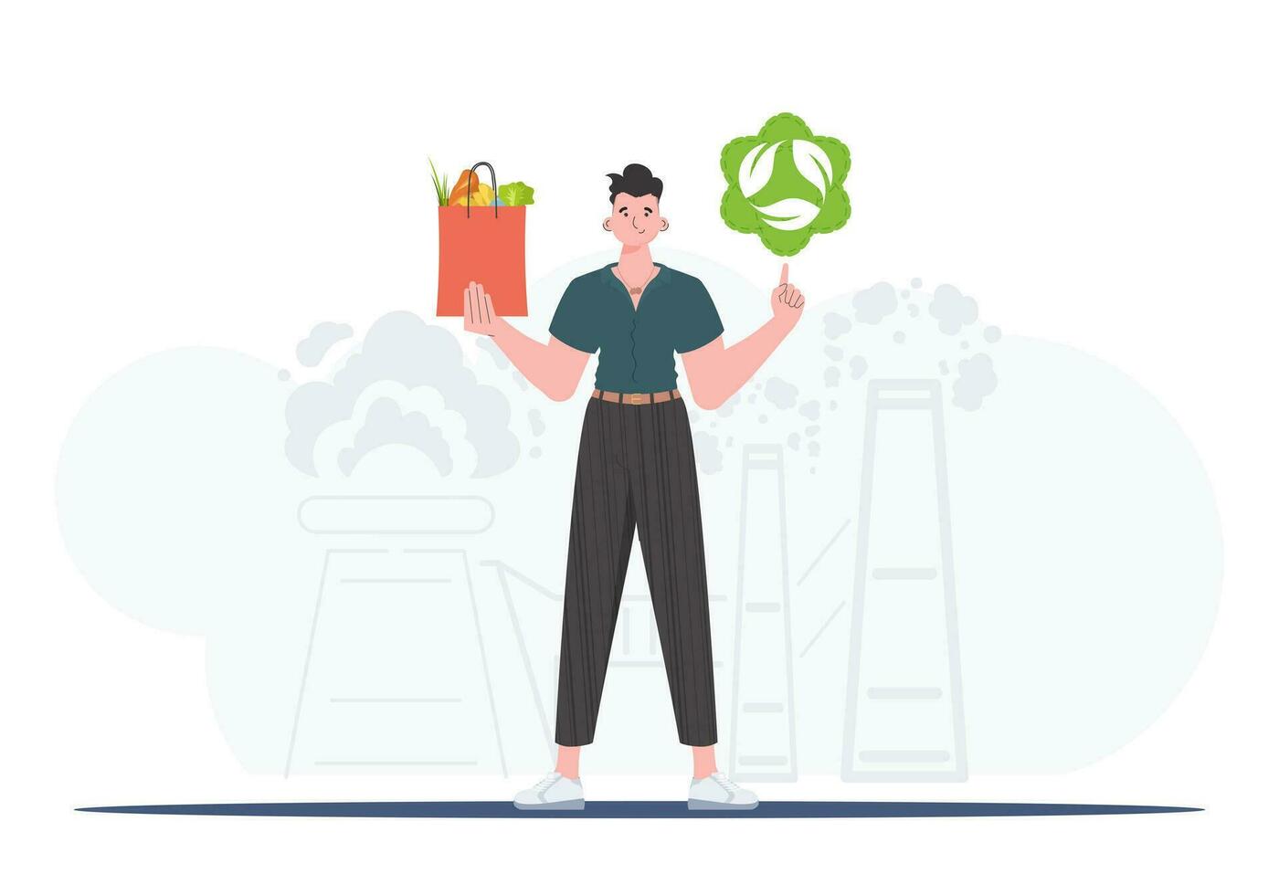 ein in voller Länge Mann ist gezeigt halten ein eko Symbol und ein Paket von richtig Ernährung. das Konzept von Ökologie, Null Abfall und gesund Essen. Trend Vektor Illustration.
