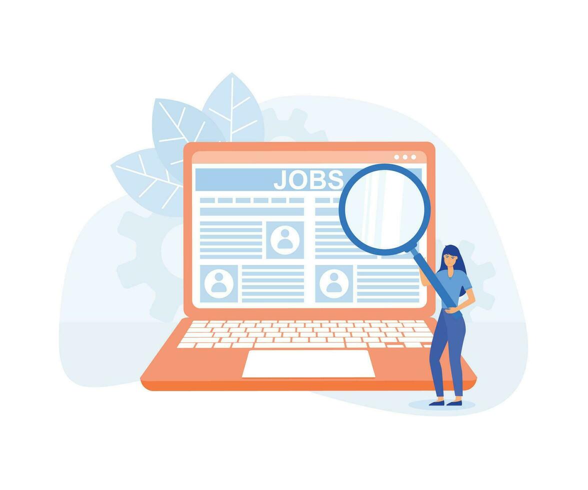 finden Job online, Frau verwenden Vergrößerung Suche Beschäftigung Zeitung Seite auf Laptop, eben Vektor modern Illustration