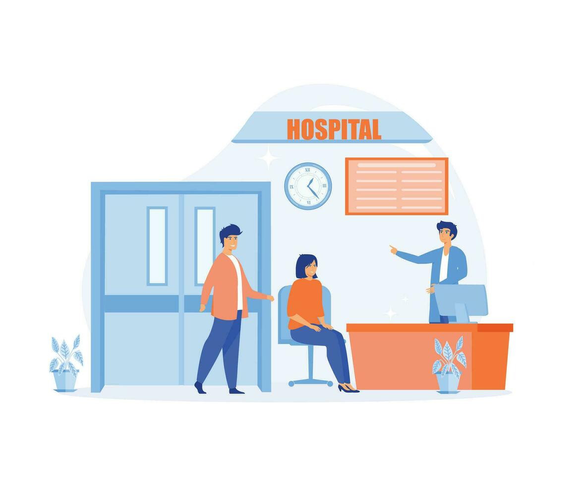 Krankenhaus Rezeptionist, Patienten beim ein Krankenhaus Rezeption Schreibtisch Registrieren und bezahlen beim das Schreibtisch. eben Vektor modern Illustration
