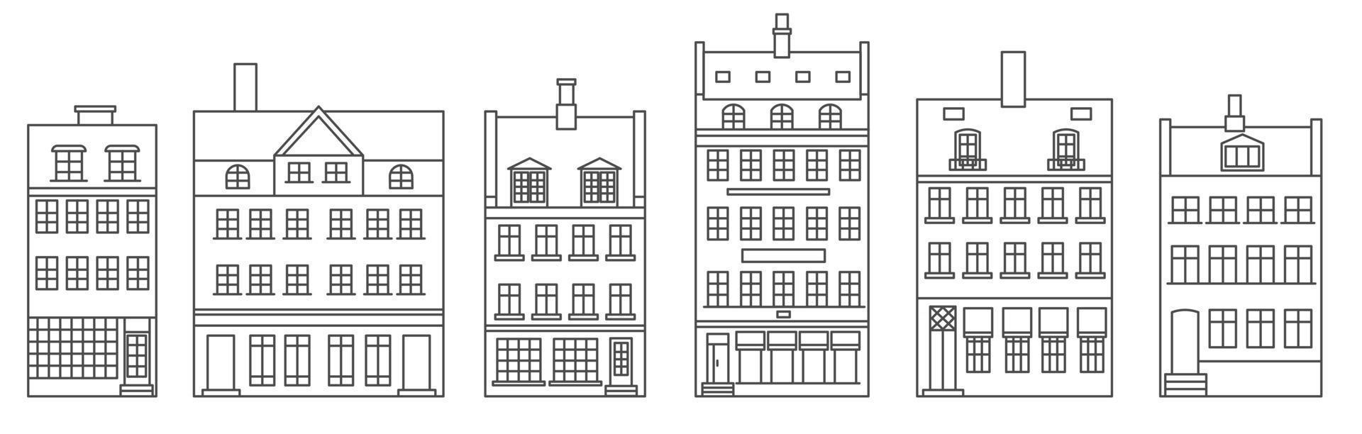 eine Reihe von alten europäischen Häusern. Architektur der Niederlande. Vektor-Umriss-Abbildung. vektor