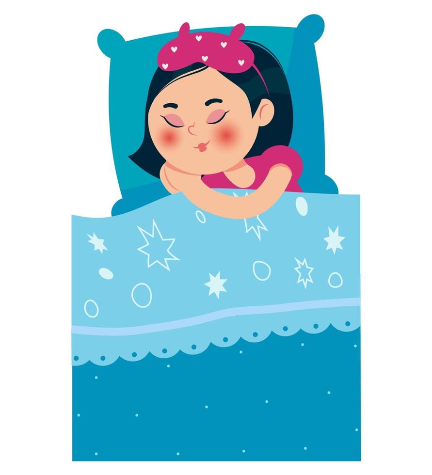 Mädchen, das nach einer Pyjamaparty im Bett schläft. ein Mädchen mit orientalischem Aussehen. Vektor-Illustration. vektor