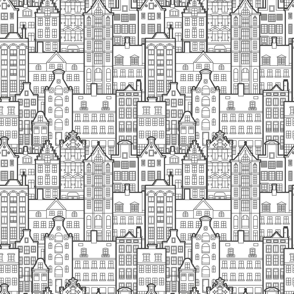sömlösa mönster av gammal europeisk stad. holland rymmer fasader i traditionell holländsk stil. amsterdams dekorativa arkitektur. svartvit bakgrund vektor