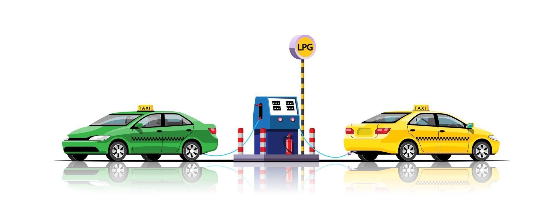 taxi som fyller energi på bensinstationvektorillustrationen vektor
