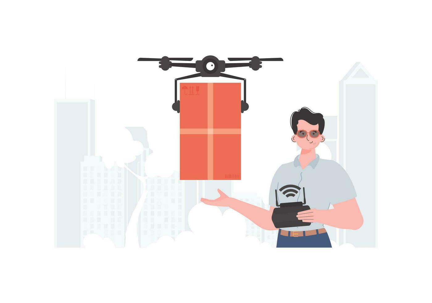 en man kontroller en quadcopter med en paket. de begrepp av frakt leverans förbi luft. trendig stil. vektor illustration.