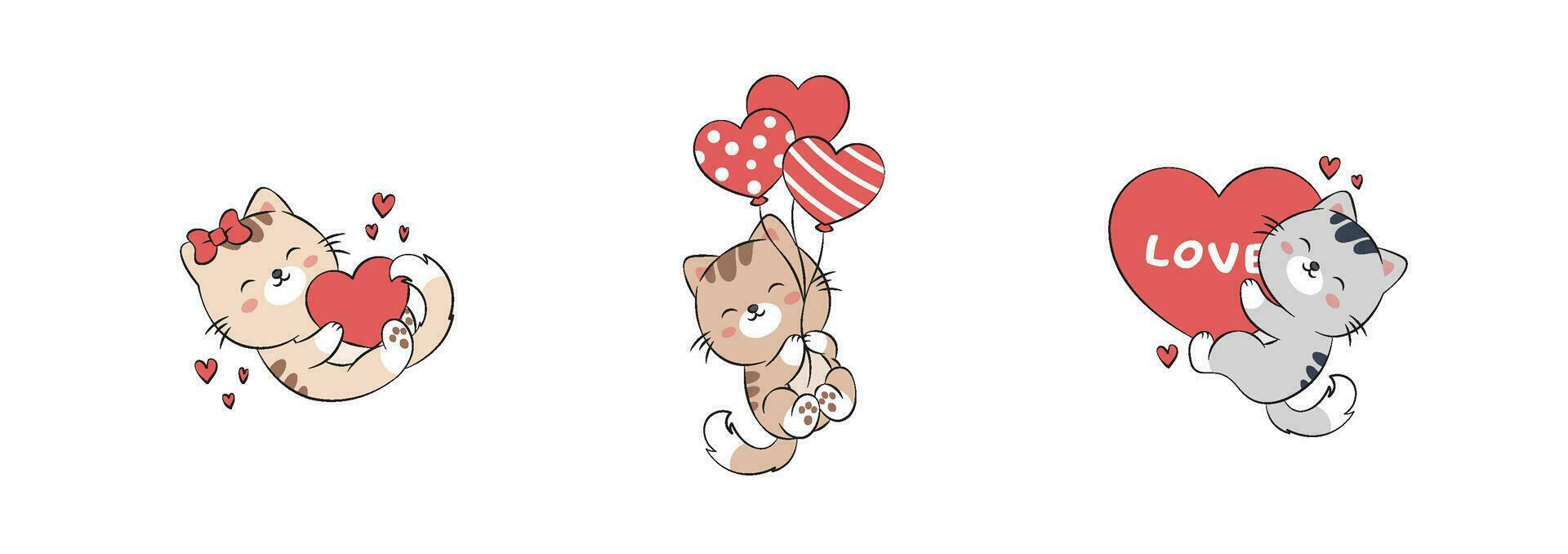 süß Katze mit ein Liebe Ballon. Vektor Illustration von ein komisch Kätzchen im das Gekritzel Stil