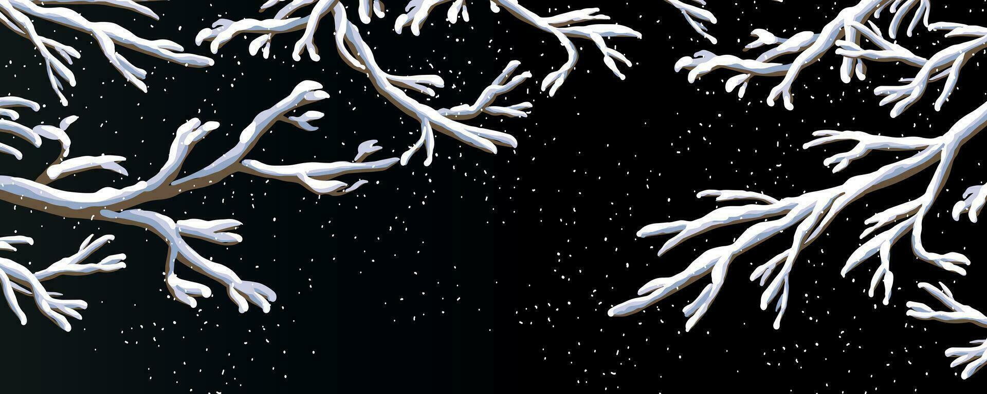 horizontal Vektor Winter Illustration das nackt Geäst von das Bäume sind bedeckt mit Weiß Schnee auf ein dunkel Hintergrund Schneefall im das Nacht Wald im Karikatur Stil Elemente zum Neu Jahre Illustration