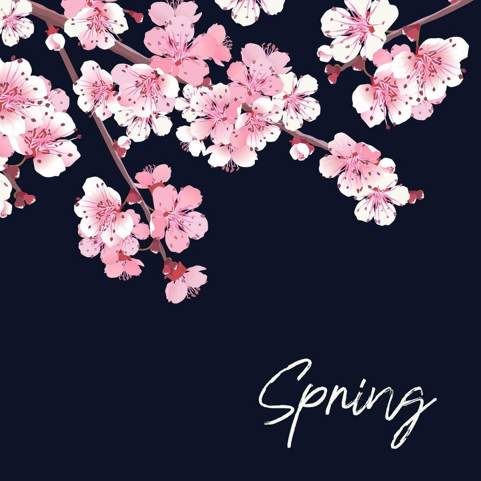 vektor romantisk vår illustration. inbjudan mall med rosa sakura. blommig hälsning kort. skön skriva ut med blomstrande mörk och ljus körsbär blommor på blå himmel. japansk bröllop stil.