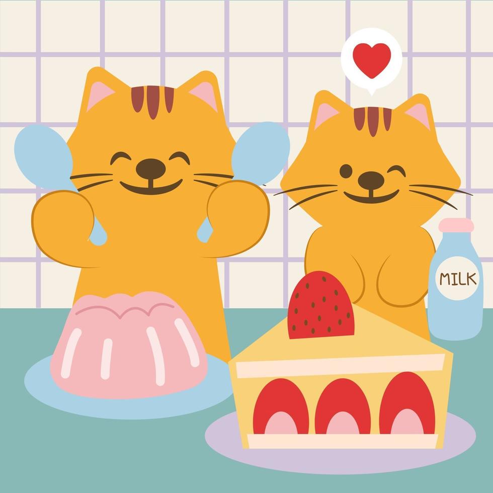 katten äter gelé, mjölk och tårta. tecknad illustration. vektor