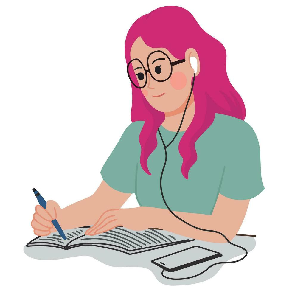 porträtt söt ung kvinna med rosa hår studerar medan lyssnande till musik med headsetet illustration vektor