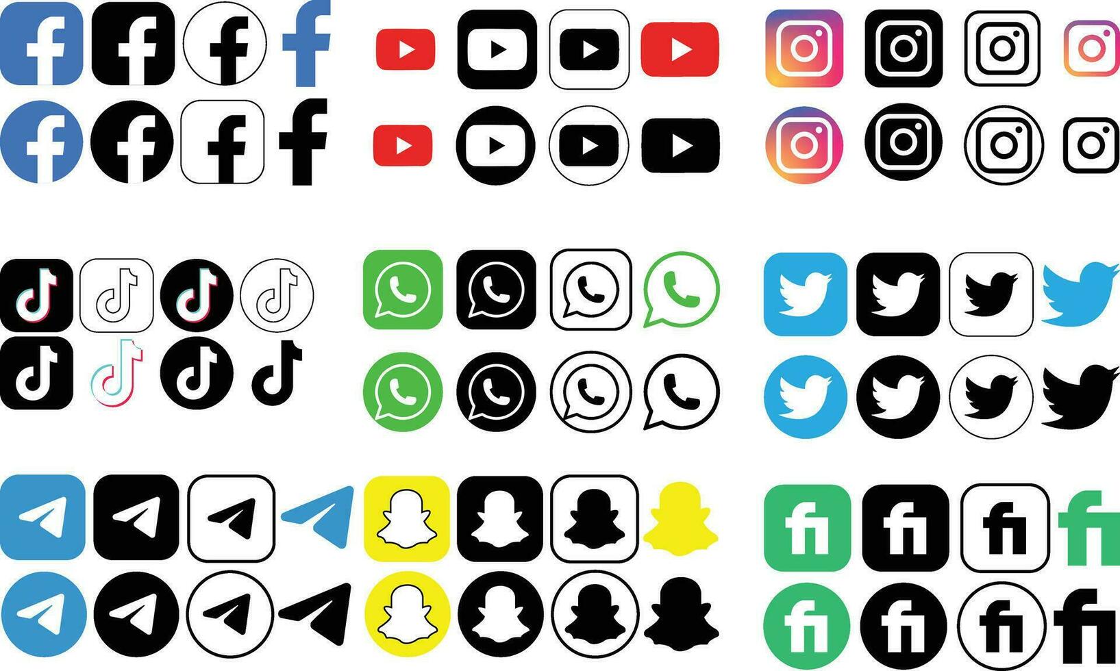 Facebook, Youtube, Instagram, Tick tack, whatsapp, Twitter, telegram, snapchat, femrr, logotyp app knapp både i linje och platt ikoner. uppsättning av realistisk social media samling eller grupp logotyper vektor