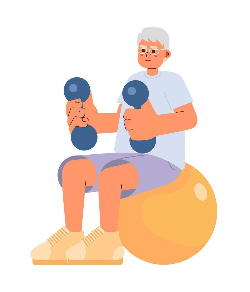 äldre övning på Hem tecknad serie platt illustration. senior curling hantlar 2d karaktär isolerat på vit bakgrund. pensionär man lyft vikter. äldre manlig träna Gym scen vektor Färg bild