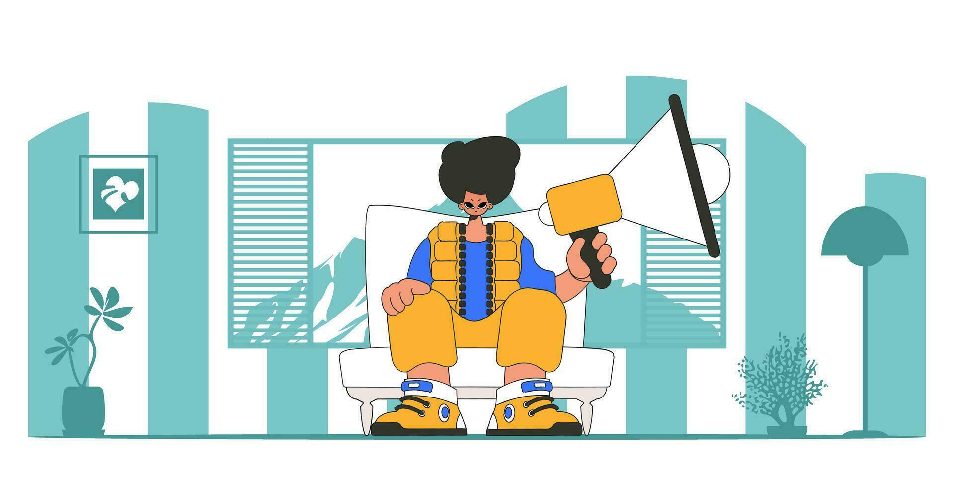 Vektor Illustration von ein Mensch Ressourcen Spezialist. ein stilvoll Mann sitzt im ein Stuhl und hält ein Megaphon im seine Hand.